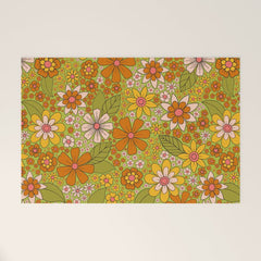 1960s, 1970s Retro Floral in Green, Pink & Orange - Flower Power Welcome Mat