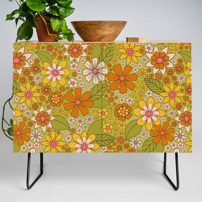 1960s, 1970s Retro Floral in Green, Pink & Orange - Flower Power Credenza
