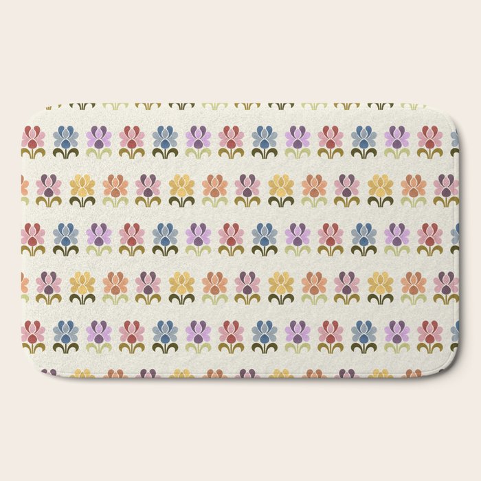 70s Retro Florals Pattern with Linen Texture Bath Mat