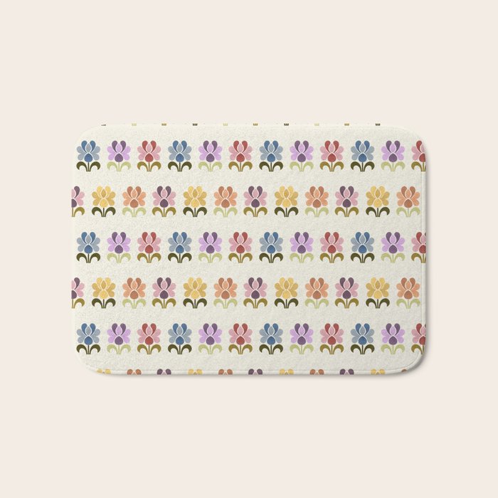 70s Retro Florals Pattern with Linen Texture Bath Mat