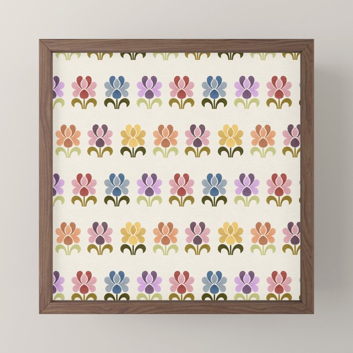 70s Retro Florals Pattern with Linen Texture Mini Art Print