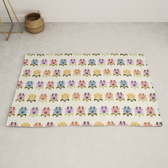 70s Retro Florals Pattern with Linen Texture Rug