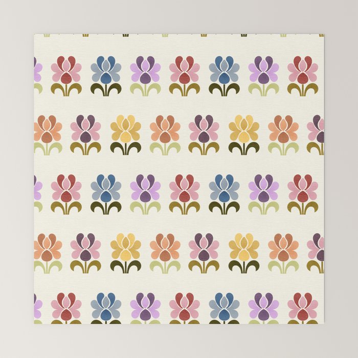 70s Retro Florals Pattern with Linen Texture Mini Art Print