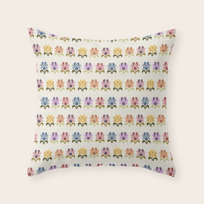 70s Retro Florals Pattern with Linen Texture Throw Pillow