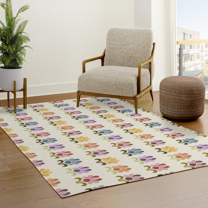 70s Retro Florals Pattern with Linen Texture Rug