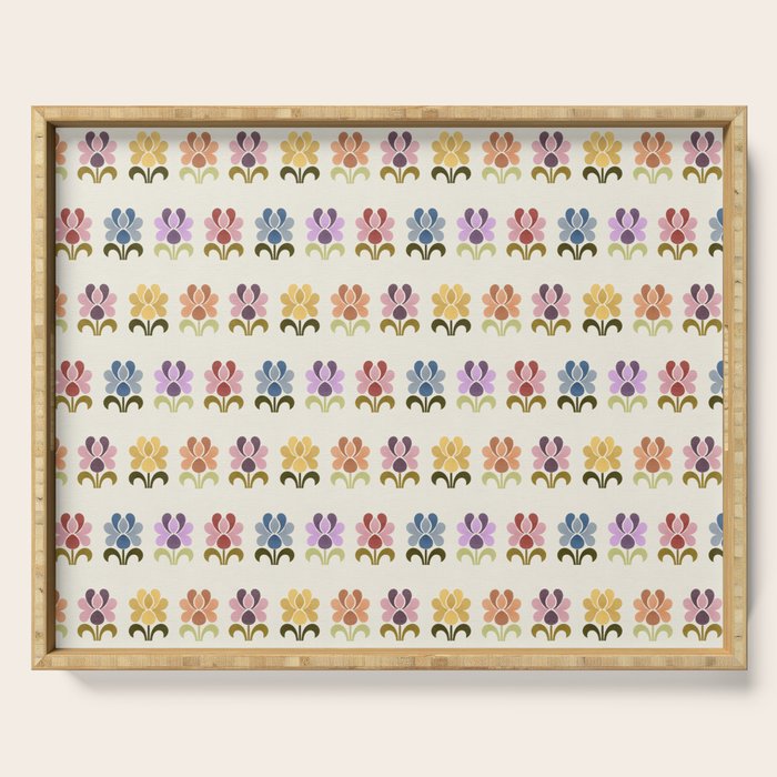 70s Retro Florals Pattern with Linen Texture Serving Tray