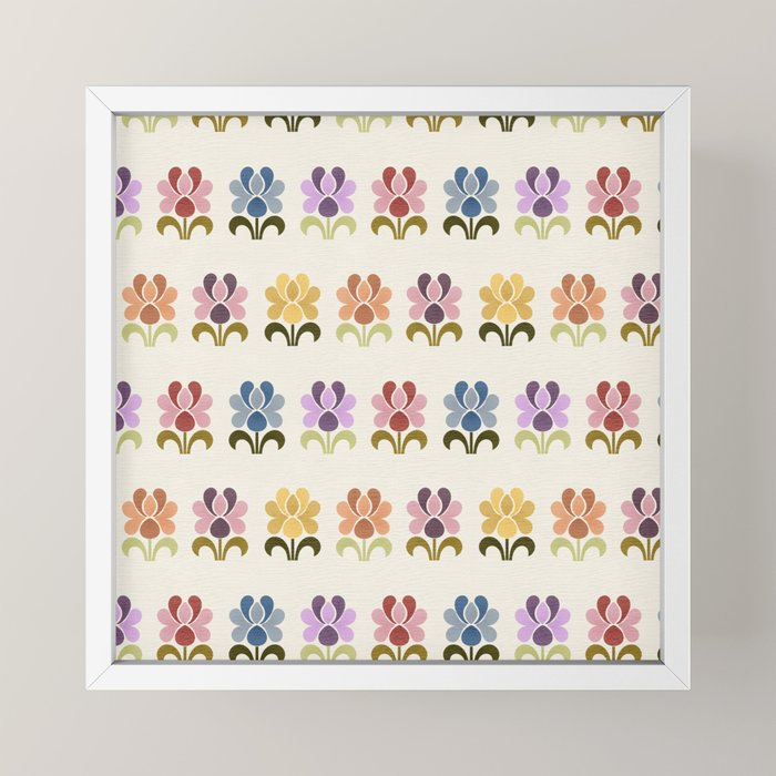 70s Retro Florals Pattern with Linen Texture Mini Art Print