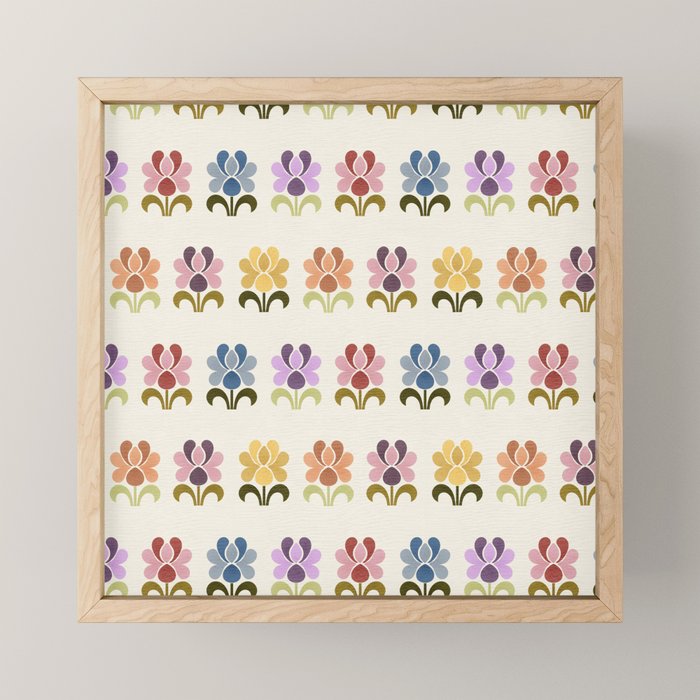 70s Retro Florals Pattern with Linen Texture Mini Art Print