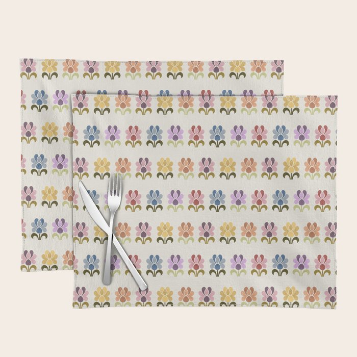 70s Retro Florals Pattern with Linen Texture Placemat