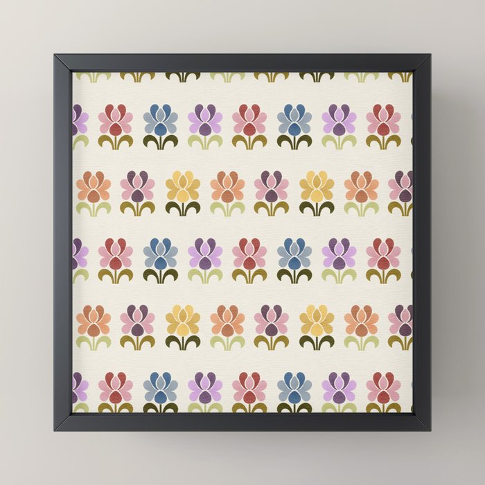70s Retro Florals Pattern with Linen Texture Mini Art Print