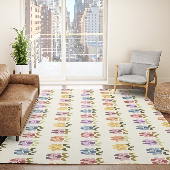 70s Retro Florals Pattern with Linen Texture Rug