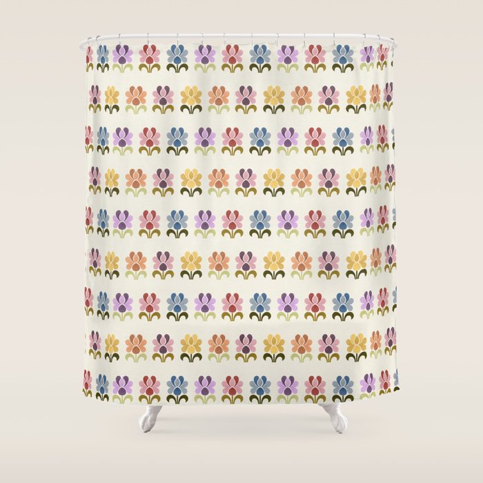 70s Retro Florals Pattern with Linen Texture Shower Curtain