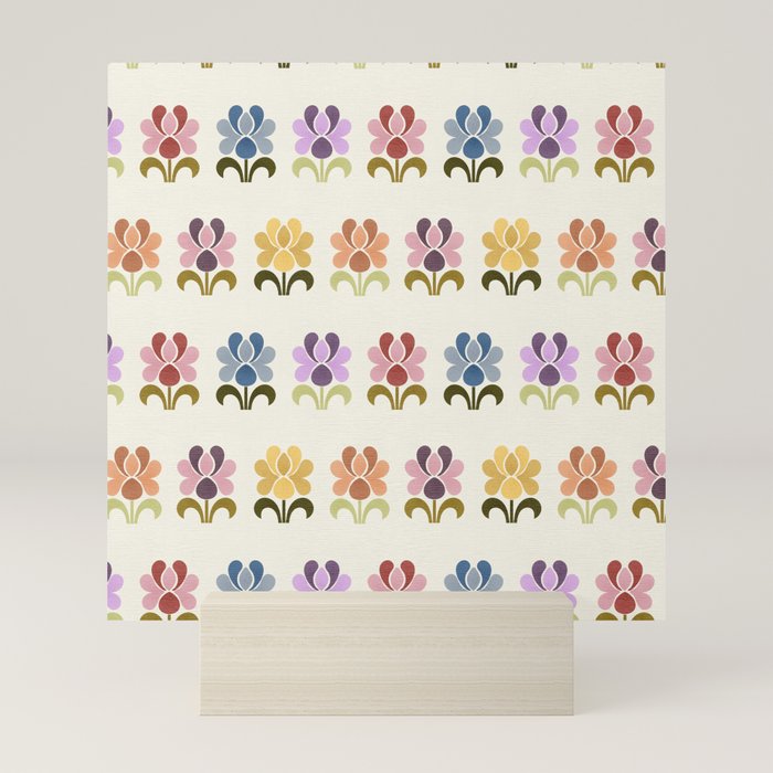 70s Retro Florals Pattern with Linen Texture Mini Art Print