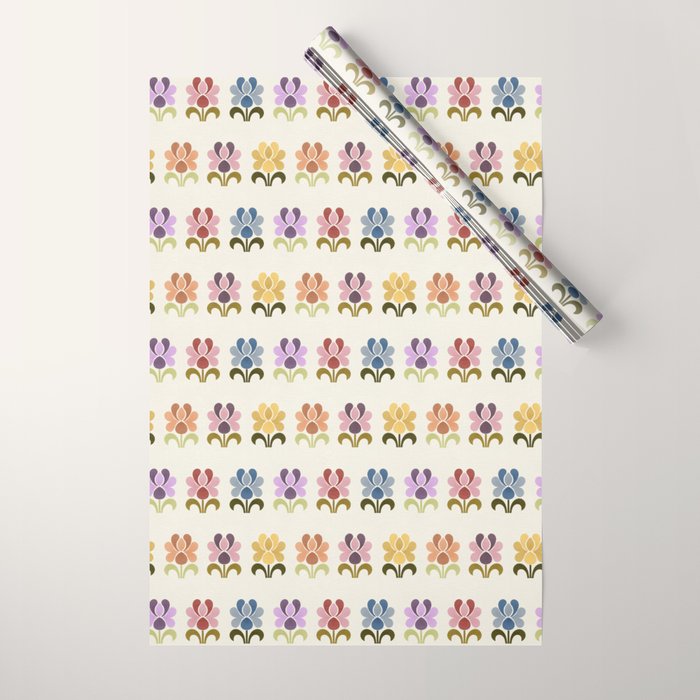 70s Retro Florals Pattern with Linen Texture Wrapping Paper