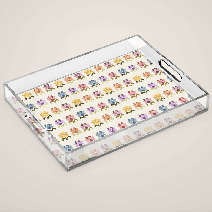 70s Retro Florals Pattern with Linen Texture Acrylic Tray
