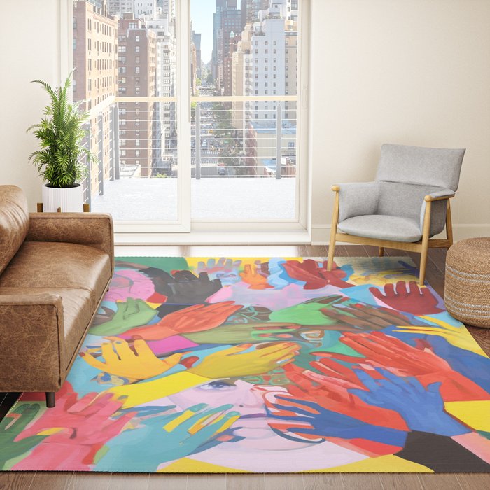 A Hand Is All We Need, Abstract Human Face Community, Humanity People Colorful Concept Positivity Rug