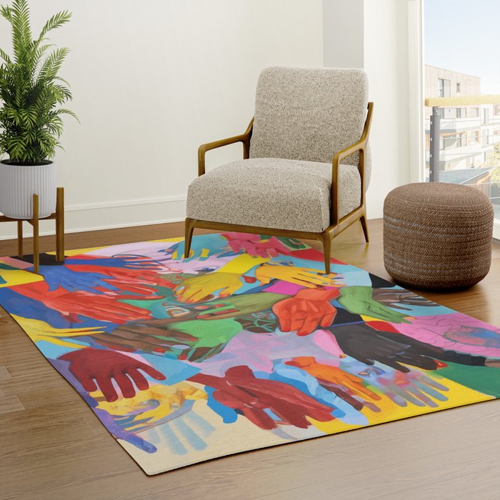 A Hand Is All We Need, Abstract Human Face Community, Humanity People Colorful Concept Positivity Rug