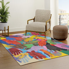 A Hand Is All We Need, Abstract Human Face Community, Humanity People Colorful Concept Positivity Rug