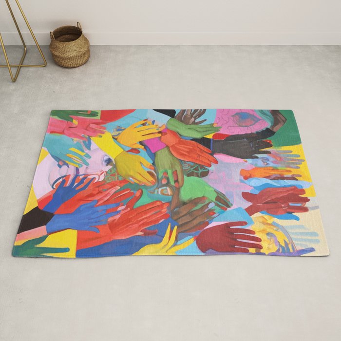 A Hand Is All We Need, Abstract Human Face Community, Humanity People Colorful Concept Positivity Rug