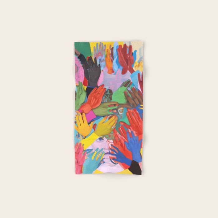 A Hand Is All We Need, Abstract Human Face Community, Humanity People Colorful Concept Positivity Bath Towel