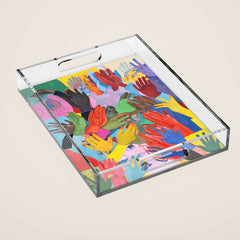 A Hand Is All We Need, Abstract Human Face Community, Humanity People Colorful Concept Positivity Acrylic Tray