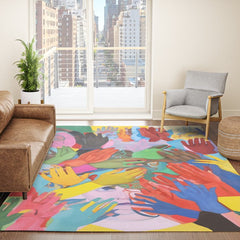 A Hand Is All We Need, Abstract Human Face Community, Humanity People Colorful Concept Positivity Rug