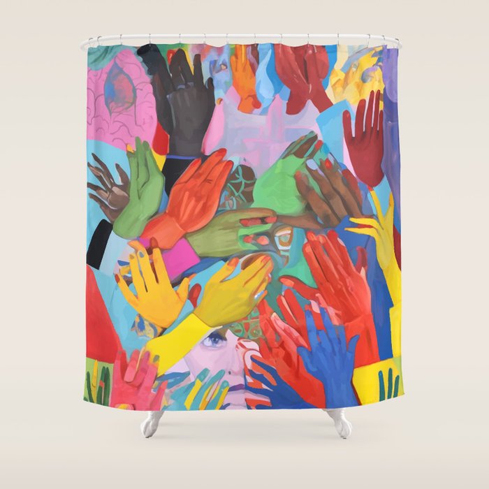 A Hand Is All We Need, Abstract Human Face Community, Humanity People Colorful Concept Positivity Shower Curtain