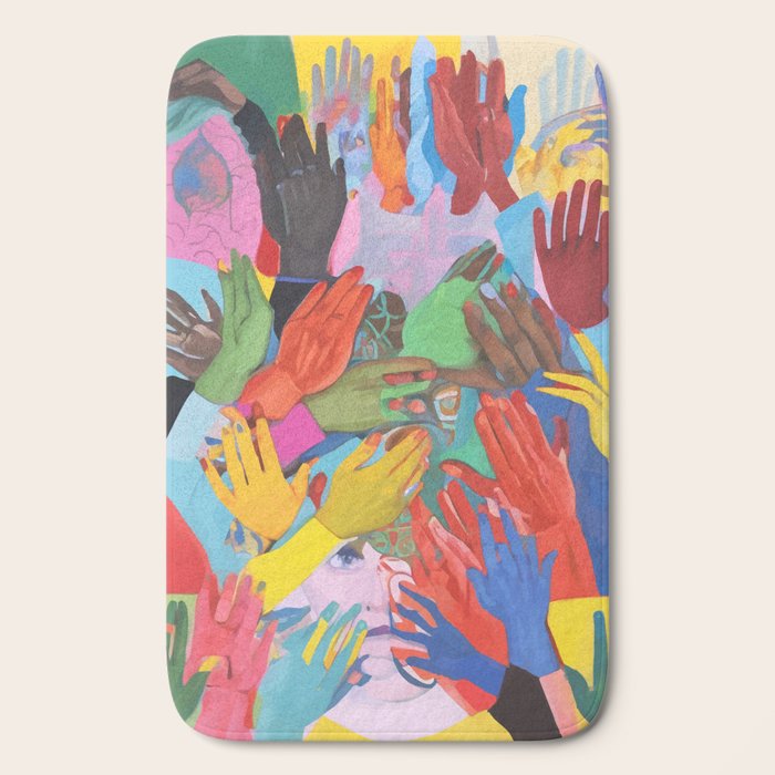 A Hand Is All We Need, Abstract Human Face Community, Humanity People Colorful Concept Positivity Bath Mat