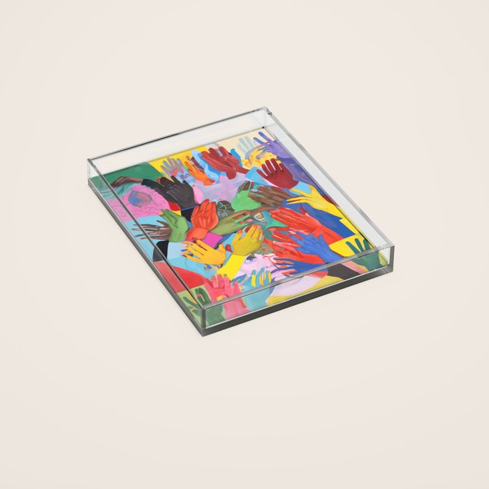 A Hand Is All We Need, Abstract Human Face Community, Humanity People Colorful Concept Positivity Acrylic Tray
