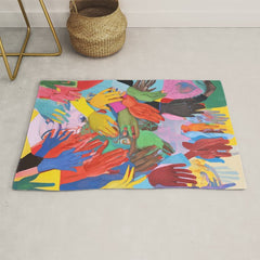 A Hand Is All We Need, Abstract Human Face Community, Humanity People Colorful Concept Positivity Rug