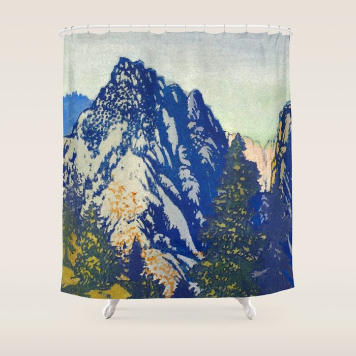 A Departure I - Mountain & Forest Nature Ukiyo Landscape in Blue, Green & Grey Shower Curtain