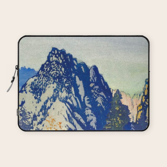 A Departure I - Mountain & Forest Nature Ukiyo Landscape in Blue, Green & Grey Laptop Sleeve