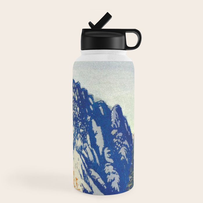 A Departure I - Mountain & Forest Nature Ukiyo Landscape in Blue, Green & Grey Water Bottle