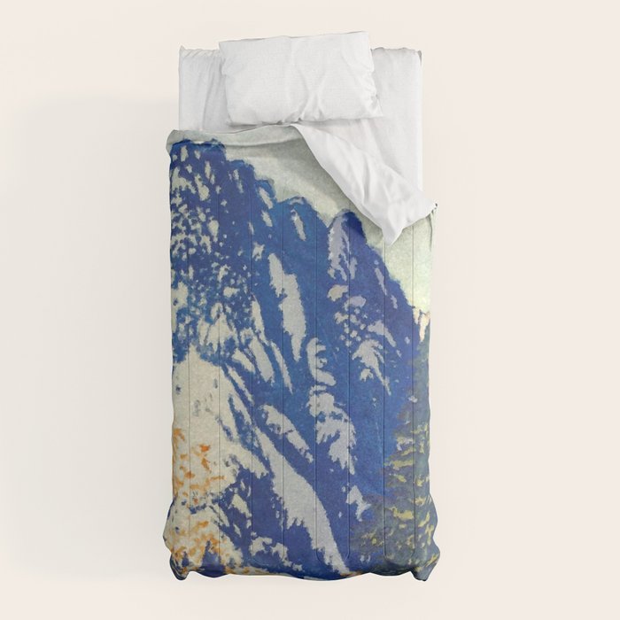 A Departure I - Mountain & Forest Nature Ukiyo Landscape in Blue, Green & Grey Comforter
