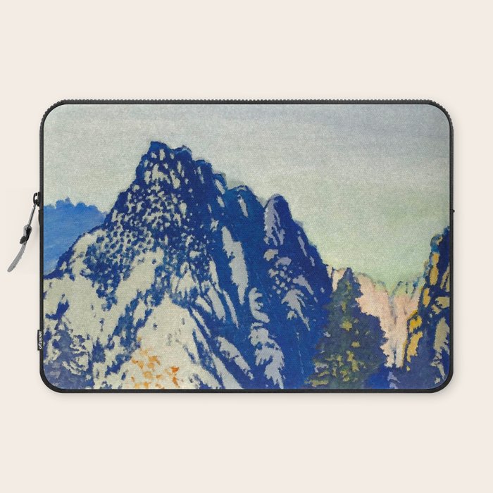 A Departure I - Mountain & Forest Nature Ukiyo Landscape in Blue, Green & Grey Laptop Sleeve