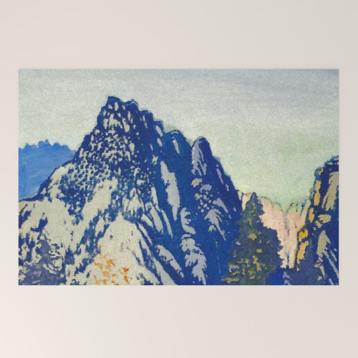 A Departure I - Mountain & Forest Nature Ukiyo Landscape in Blue, Green & Grey Welcome Mat