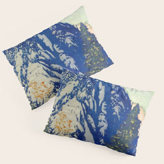 A Departure I - Mountain & Forest Nature Ukiyo Landscape in Blue, Green & Grey Pillow Sham