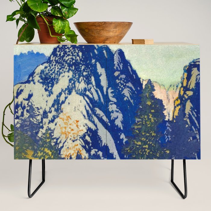 A Departure I - Mountain & Forest Nature Ukiyo Landscape in Blue, Green & Grey Credenza