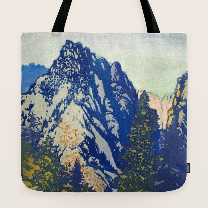 A Departure I - Mountain & Forest Nature Ukiyo Landscape in Blue, Green & Grey Tote Bag
