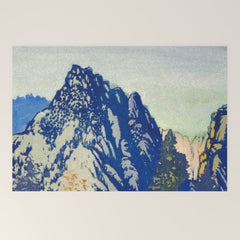 A Departure I - Mountain & Forest Nature Ukiyo Landscape in Blue, Green & Grey Welcome Mat