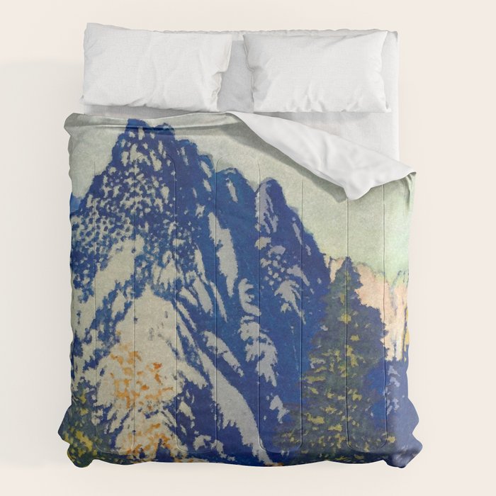 A Departure I - Mountain & Forest Nature Ukiyo Landscape in Blue, Green & Grey Comforter