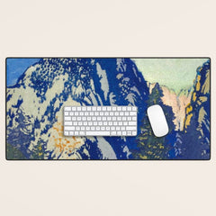 A Departure I - Mountain & Forest Nature Ukiyo Landscape in Blue, Green & Grey Desk Mat
