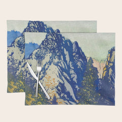 A Departure I - Mountain & Forest Nature Ukiyo Landscape in Blue, Green & Grey Placemat