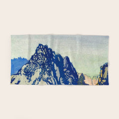 A Departure I - Mountain & Forest Nature Ukiyo Landscape in Blue, Green & Grey Bath Towel