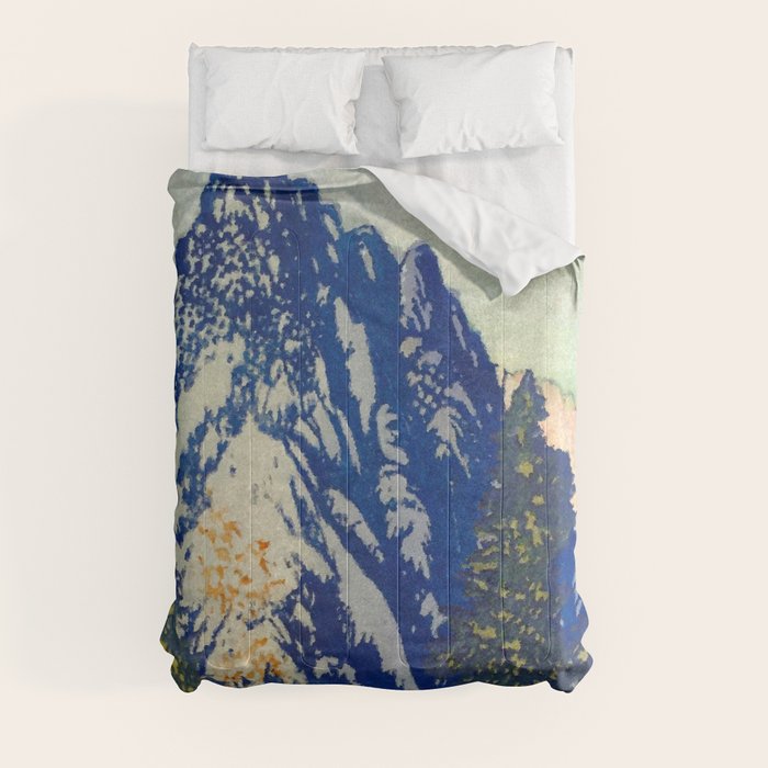 A Departure I - Mountain & Forest Nature Ukiyo Landscape in Blue, Green & Grey Comforter