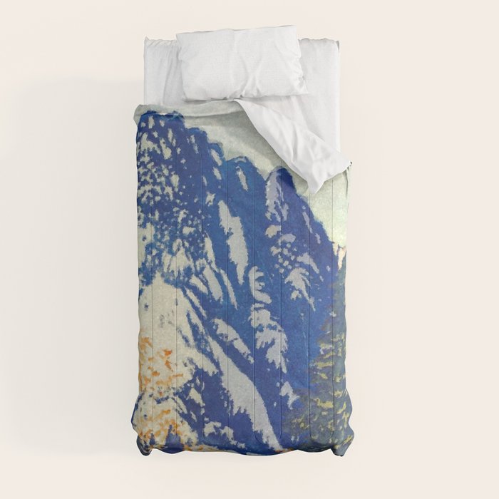 A Departure I - Mountain & Forest Nature Ukiyo Landscape in Blue, Green & Grey Comforter