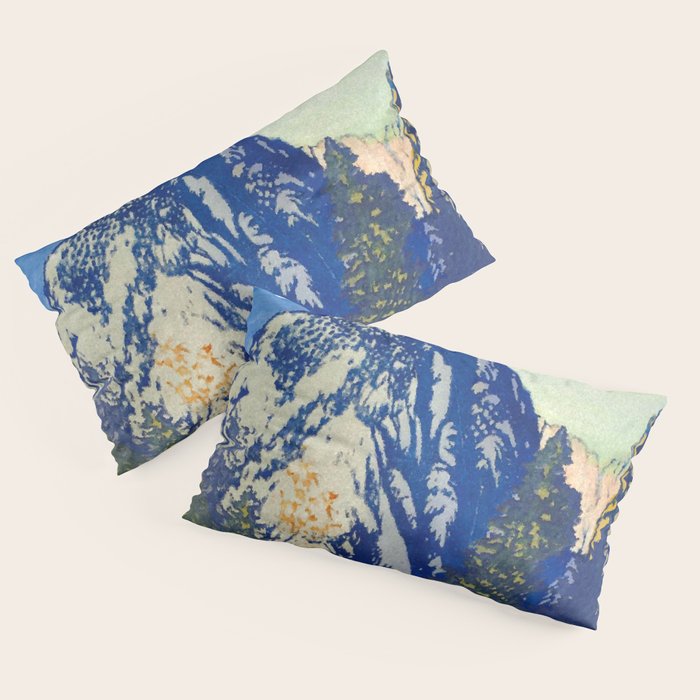 A Departure I - Mountain & Forest Nature Ukiyo Landscape in Blue, Green & Grey Pillow Sham