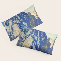A Departure I - Mountain & Forest Nature Ukiyo Landscape in Blue, Green & Grey Pillow Sham