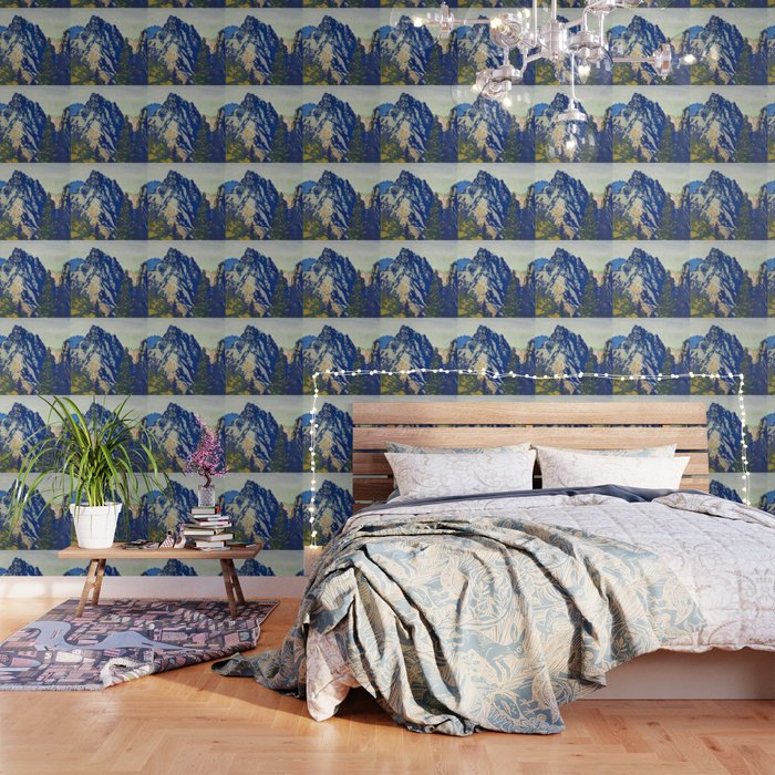 A Departure I - Mountain & Forest Nature Ukiyo Landscape in Blue, Green & Grey Wallpaper