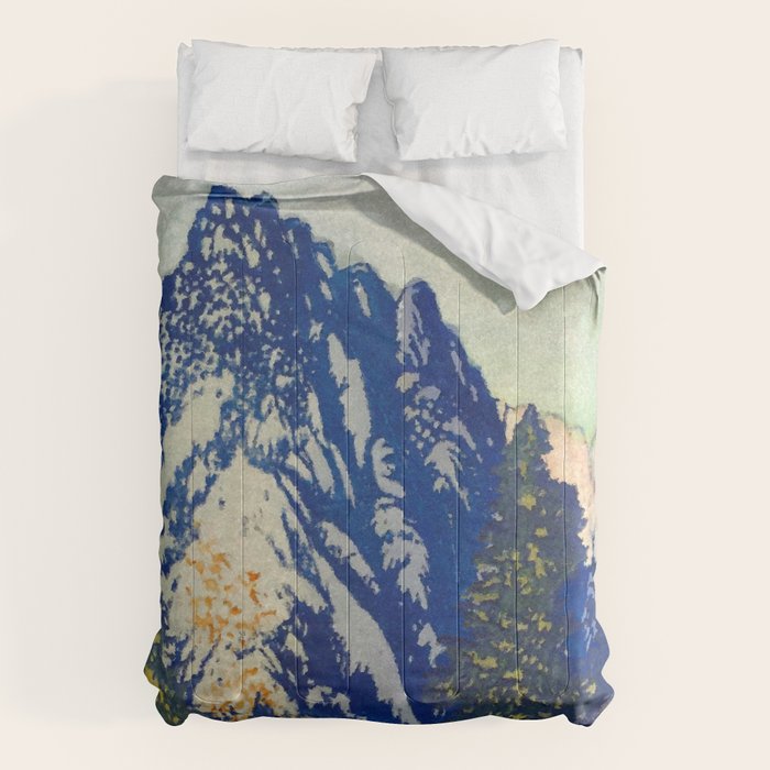 A Departure I - Mountain & Forest Nature Ukiyo Landscape in Blue, Green & Grey Comforter